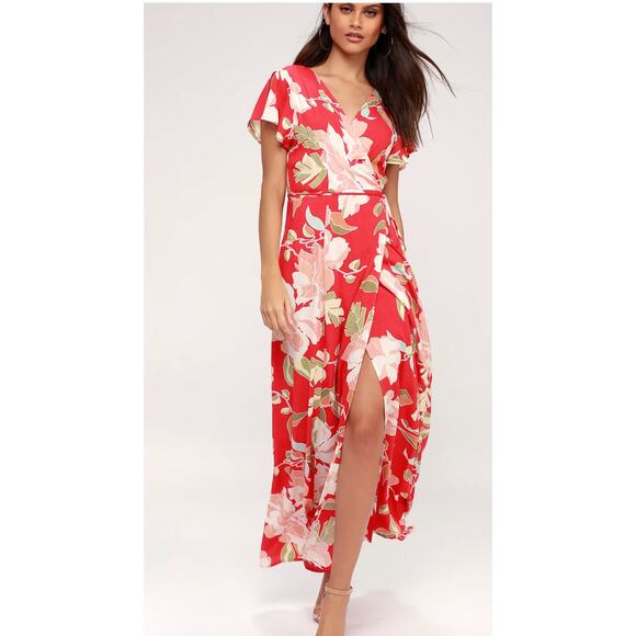 Lulus Dress Womens Small Red Heart of Marigold Red Tropical Print Wrap Maxi - Picture 5 of 13